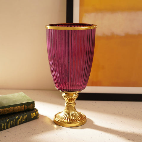 Purple Deep Ribbed Glass Hurricane With Stand