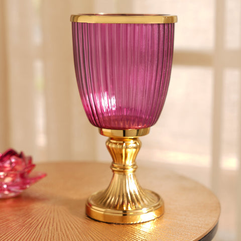Purple Ribbed Glass Hurricane With Stand