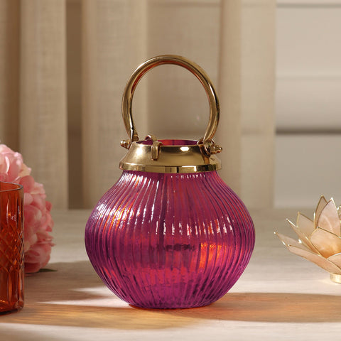Purple Ribbed Glass Tea Light Candle Holder