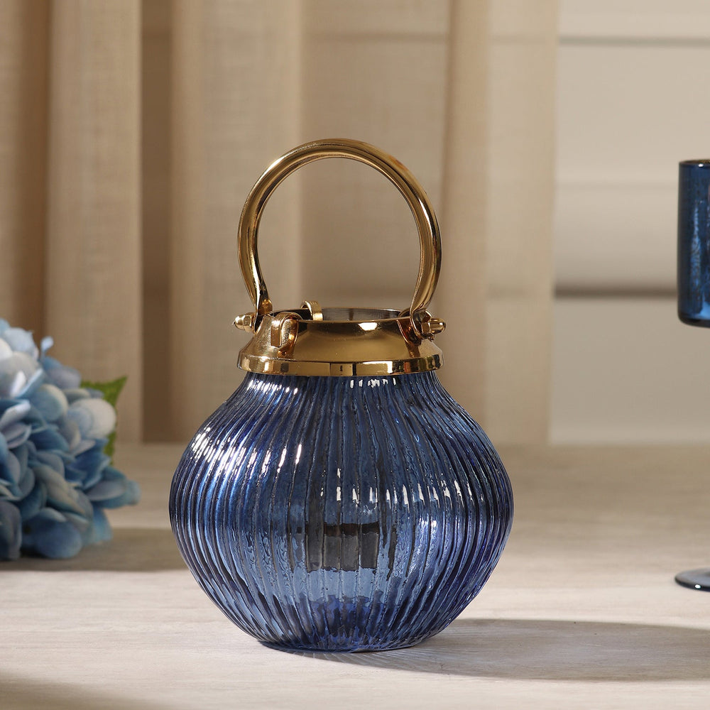 Blue Ribbed Glass Tea Light Candle Holder