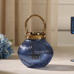 Blue Ribbed Glass Tea Light Candle Holder