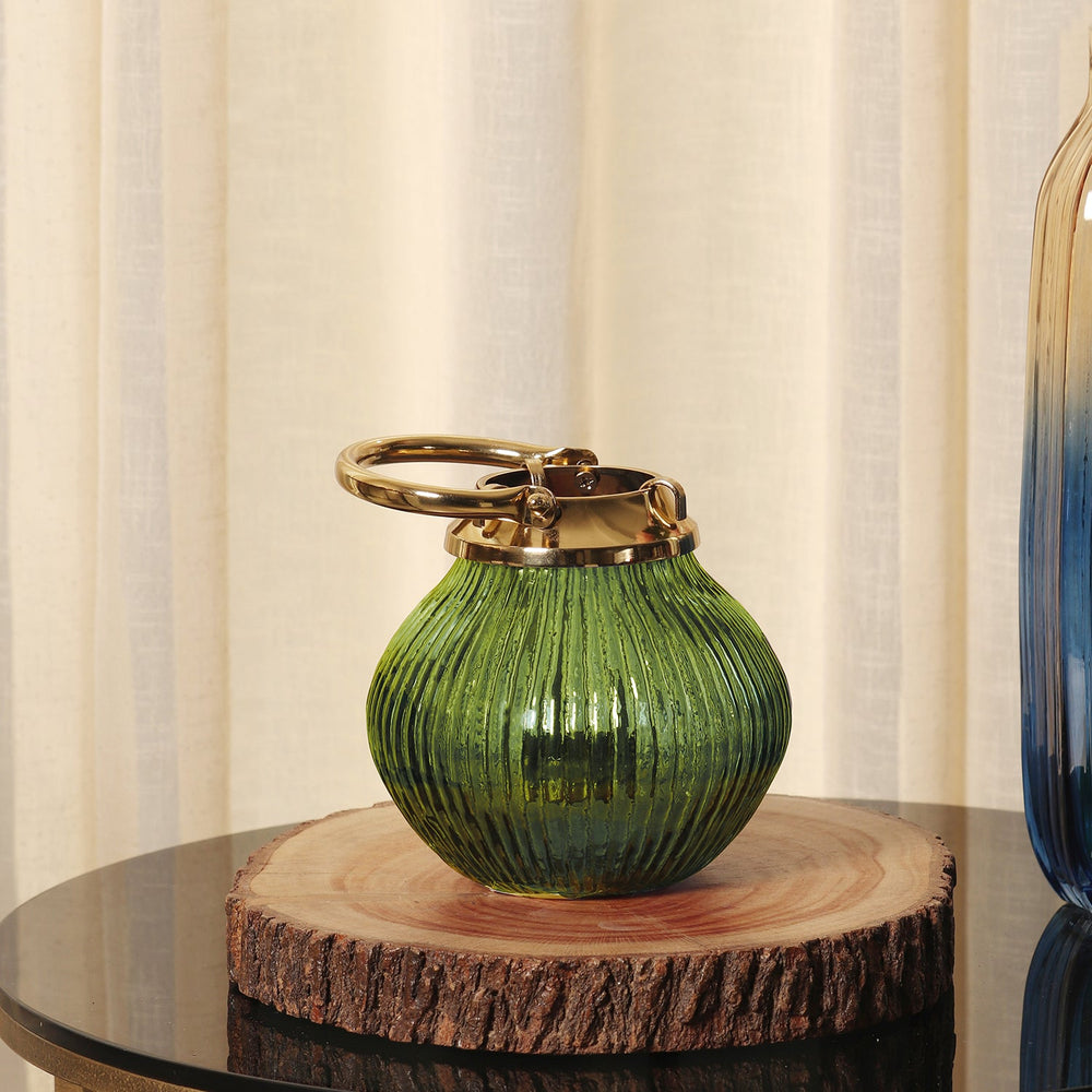 Green Ribbed Glass Tea-Light Candle Holder