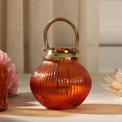 Brown Ribbed Glass Tea Light Candle Holder