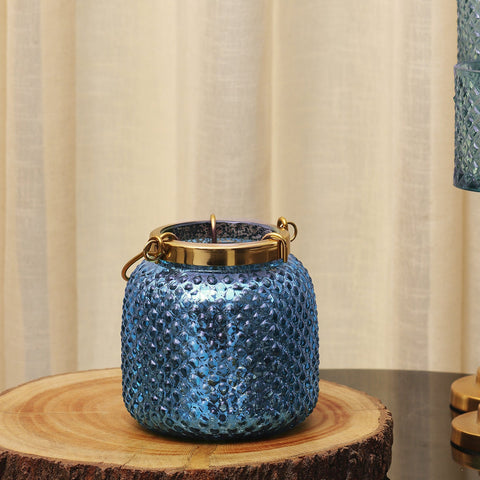Blue Dotted Glass Tea Light Holder