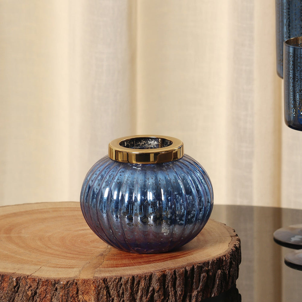Blue Ribbed Glass Tea Light Holder