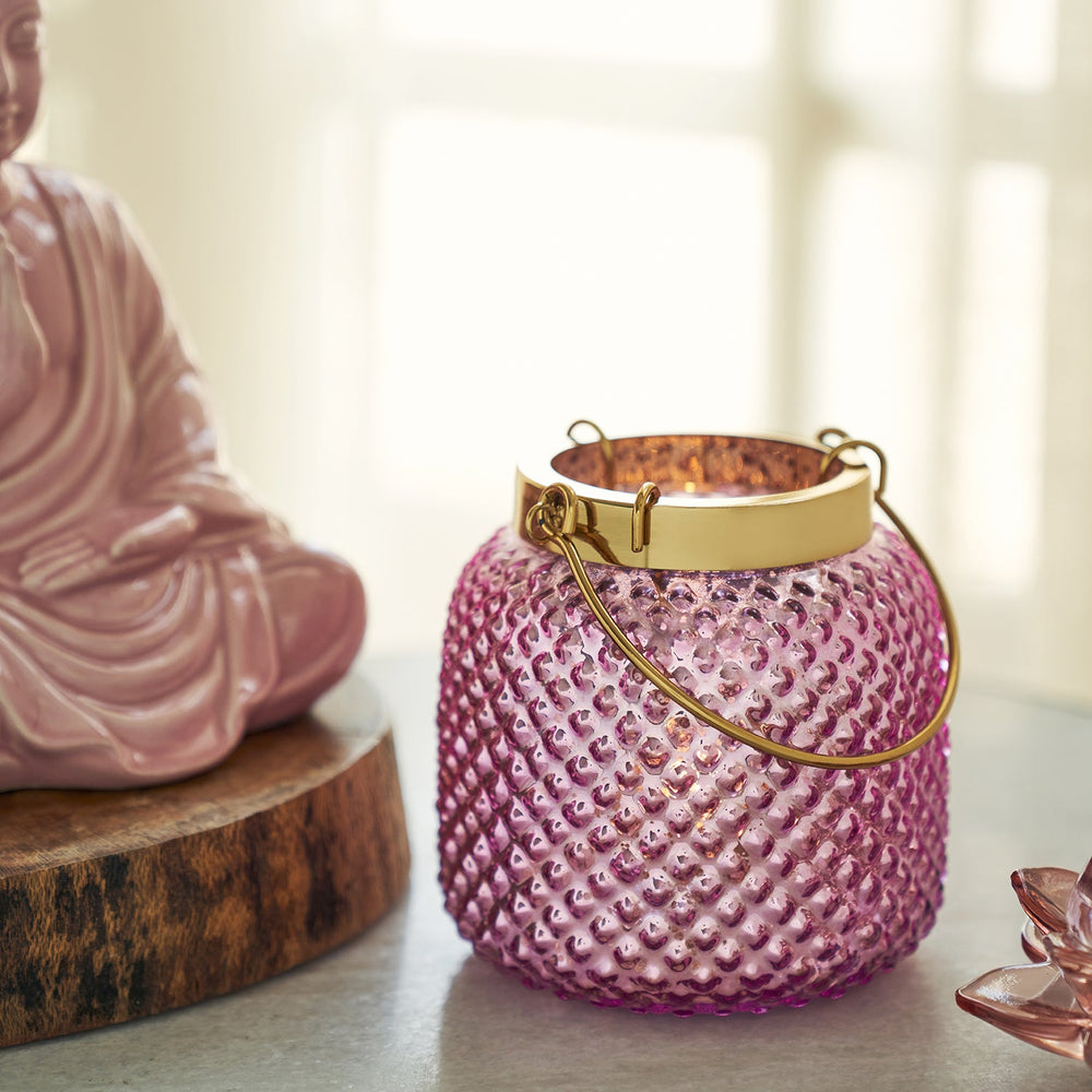 Pink Dotted Glass Tea Light Holder