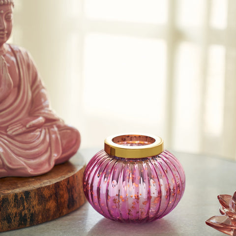 Pink Ribbed Glass Tea Light Holder
