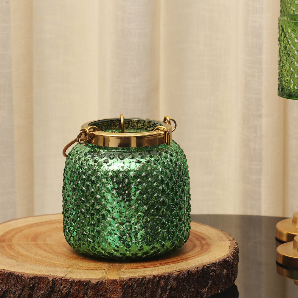 Green Dotted Glass Tea Light Holder
