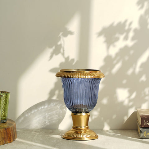Blue Ribbed Glass Hurricane