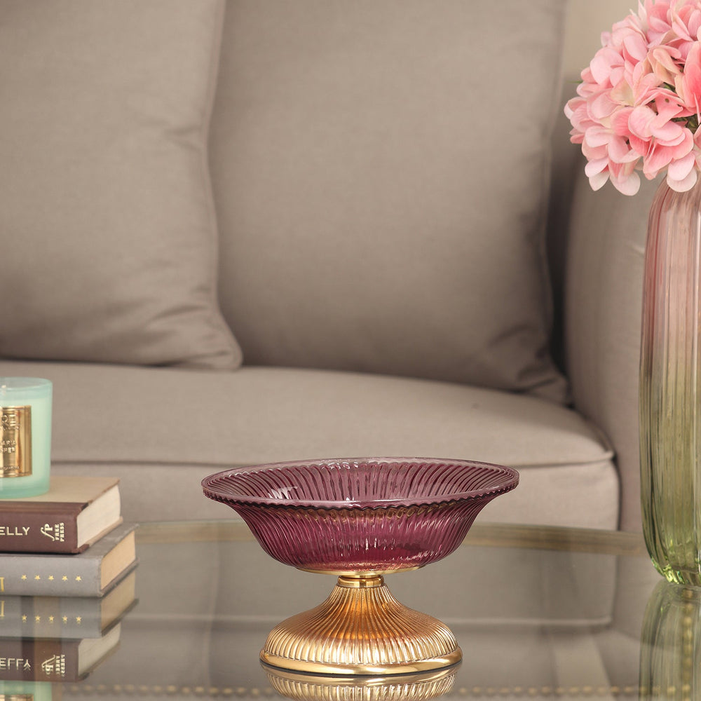 Purple Ribbed Glass Decorative Bowl