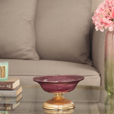 Purple Ribbed Glass Decorative Bowl