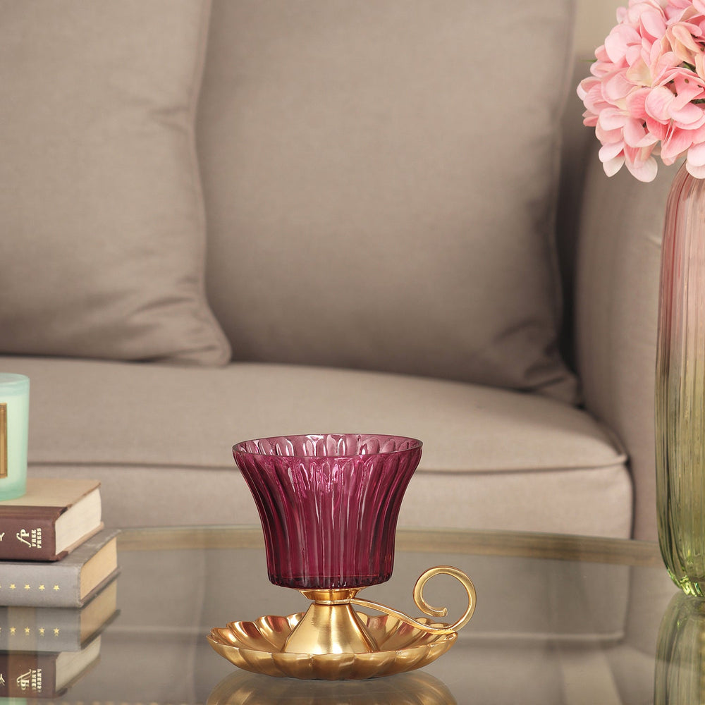 Purple Ribbed Glass Votive With Metal Base And Handle