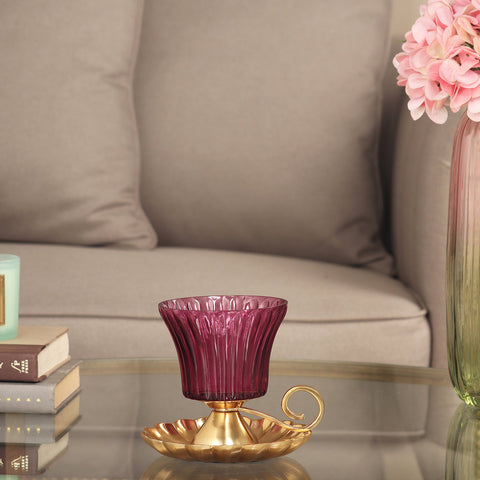 Purple Ribbed Glass Votive With Metal Base And Handle