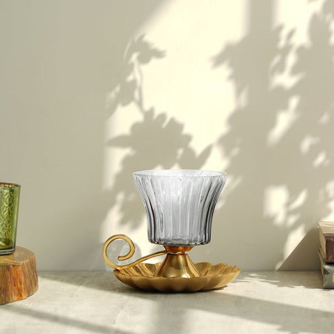 Clear Ribbed Glass Votive With Metal Base And Handle