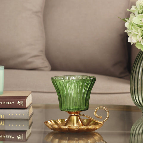 Green Ribbed Glass Votive With Metal Base And Handle
