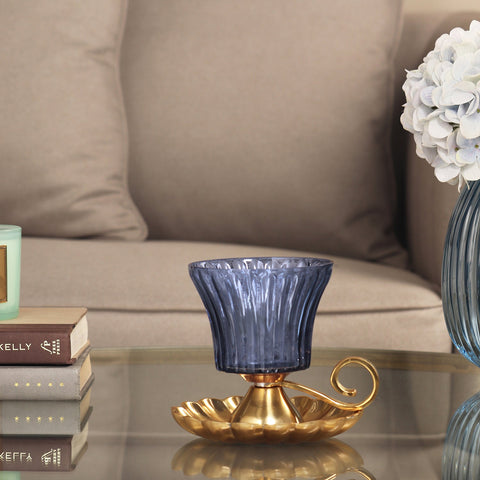 Blue Ribbed Glass Votive With Metal Base And Handle