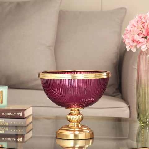 Purple Ribbed Decorative Glass Bowl With Stand