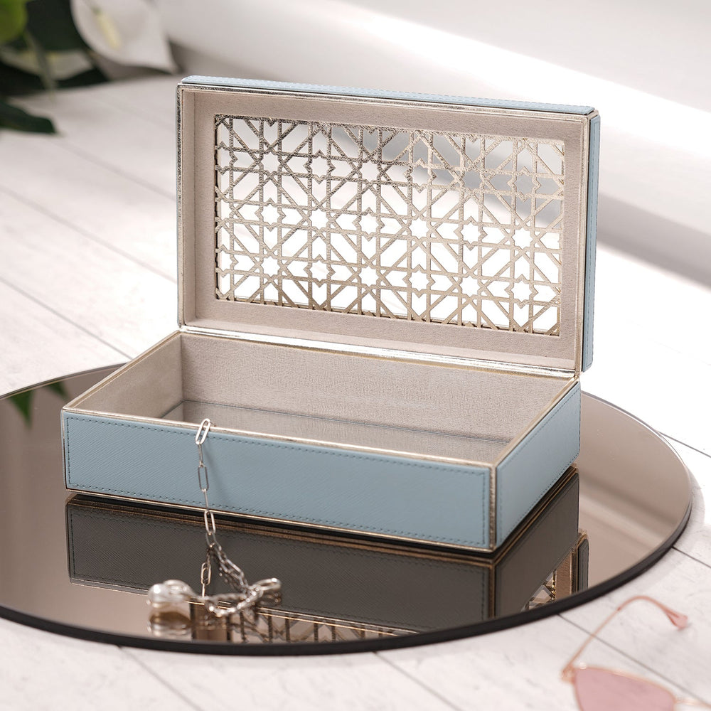 Blue Criss Cross Pattern Faux Leather Box With Lid
