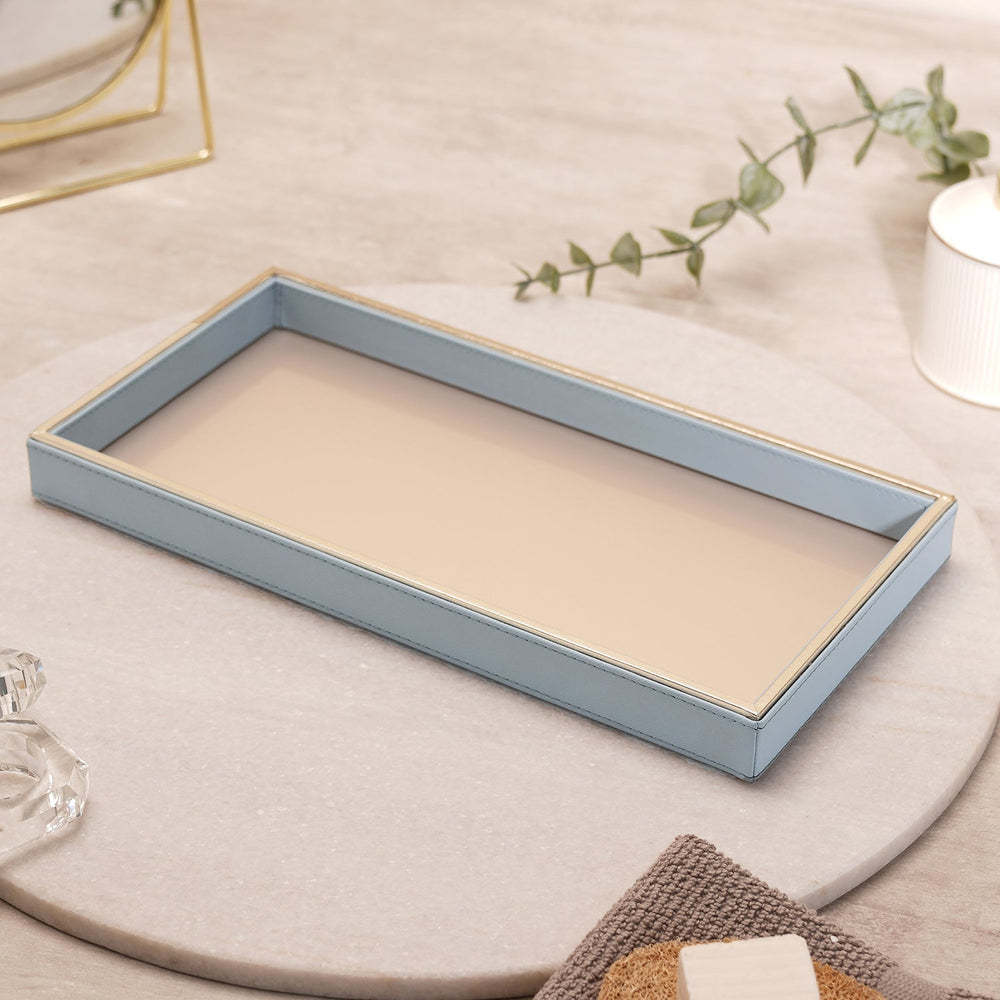Blue Faux Leather Rectangular Tray