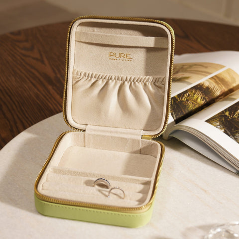 Green Square Faux Leather Travel Jewellery Box
