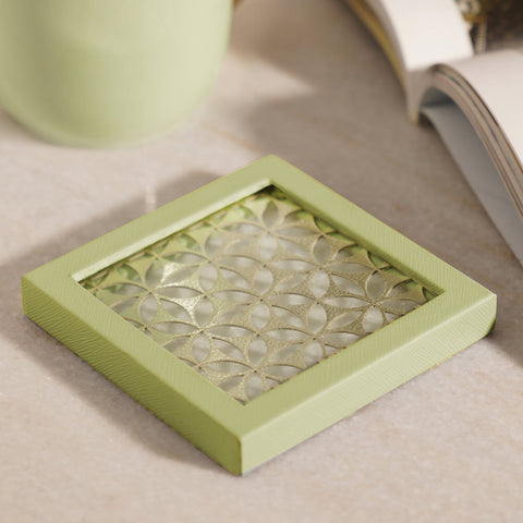 Green Floral Pattern Faux Leather Coaster