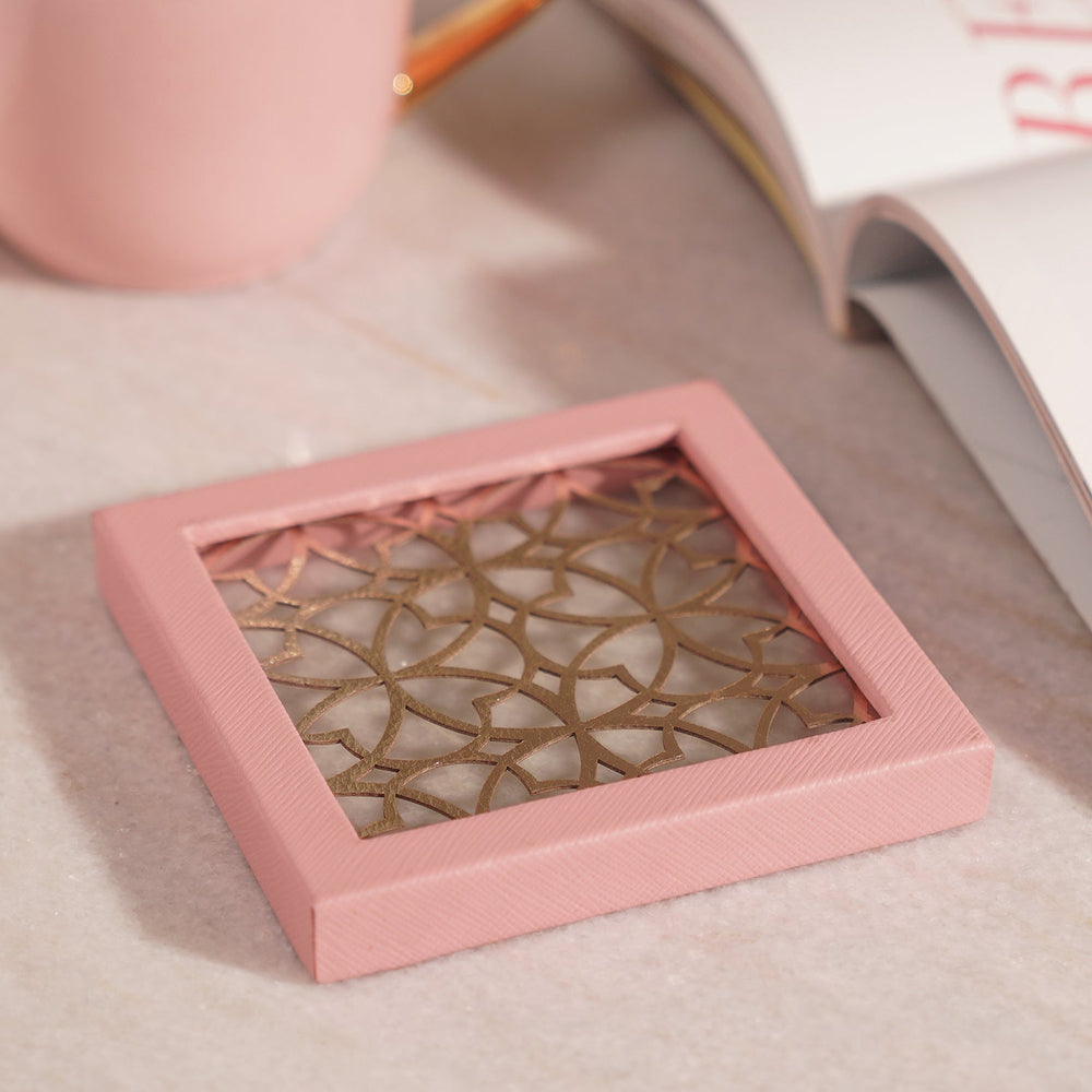 Pink Mandala Pattern Faux Leather Coaster