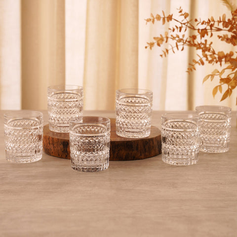 Set Of 6 Clear Diamond Cut Whiskey Glasses