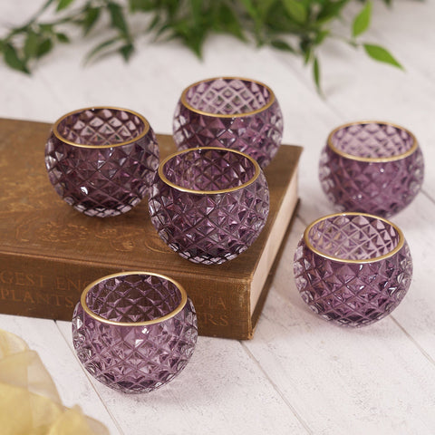 Set Of 6 Purple Diamond Textured Tealight Holders