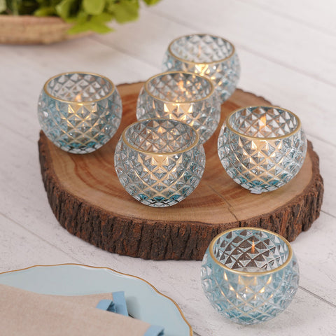 Set Of 6 Blue Diamond Textured Tealight Holders
