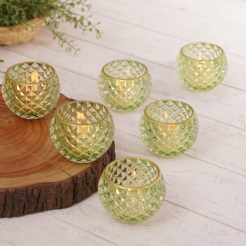 Set Of 6 Green Diamond Textured Tealight Holders