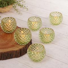 Set Of 6 Green Diamond Textured Tealight Holders