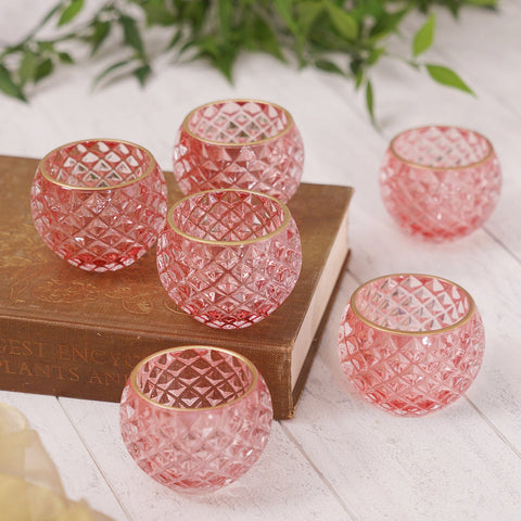Set Of 6 Pink Diamond Textured Tealight Holders