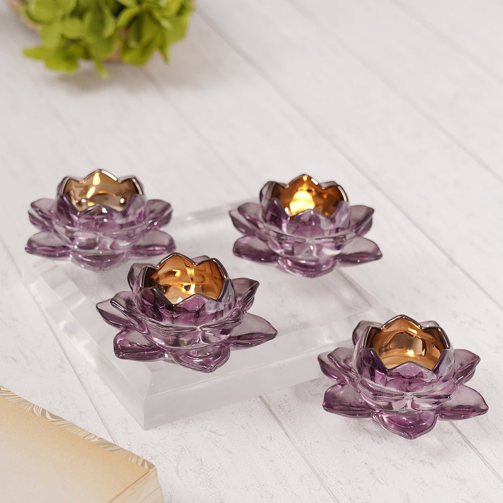 Set Of 4 Purple Lotus Tealight Holders