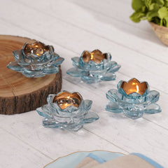 Set Of 4 Blue Lotus Tealight Holders
