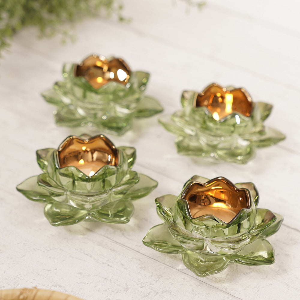 Set Of 4 Green Lotus Tealight Holders