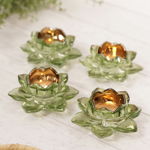 Set Of 4 Green Lotus Tealight Holders