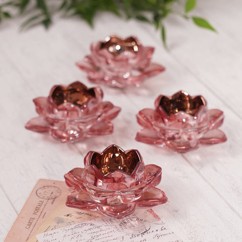 Set Of 4 Pink Lotus Tealight Holders