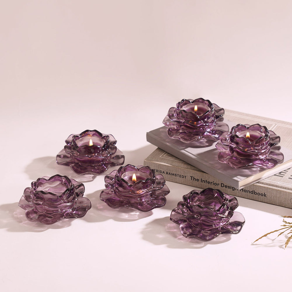 Set Of 6 Purple Floral Tealight Holders