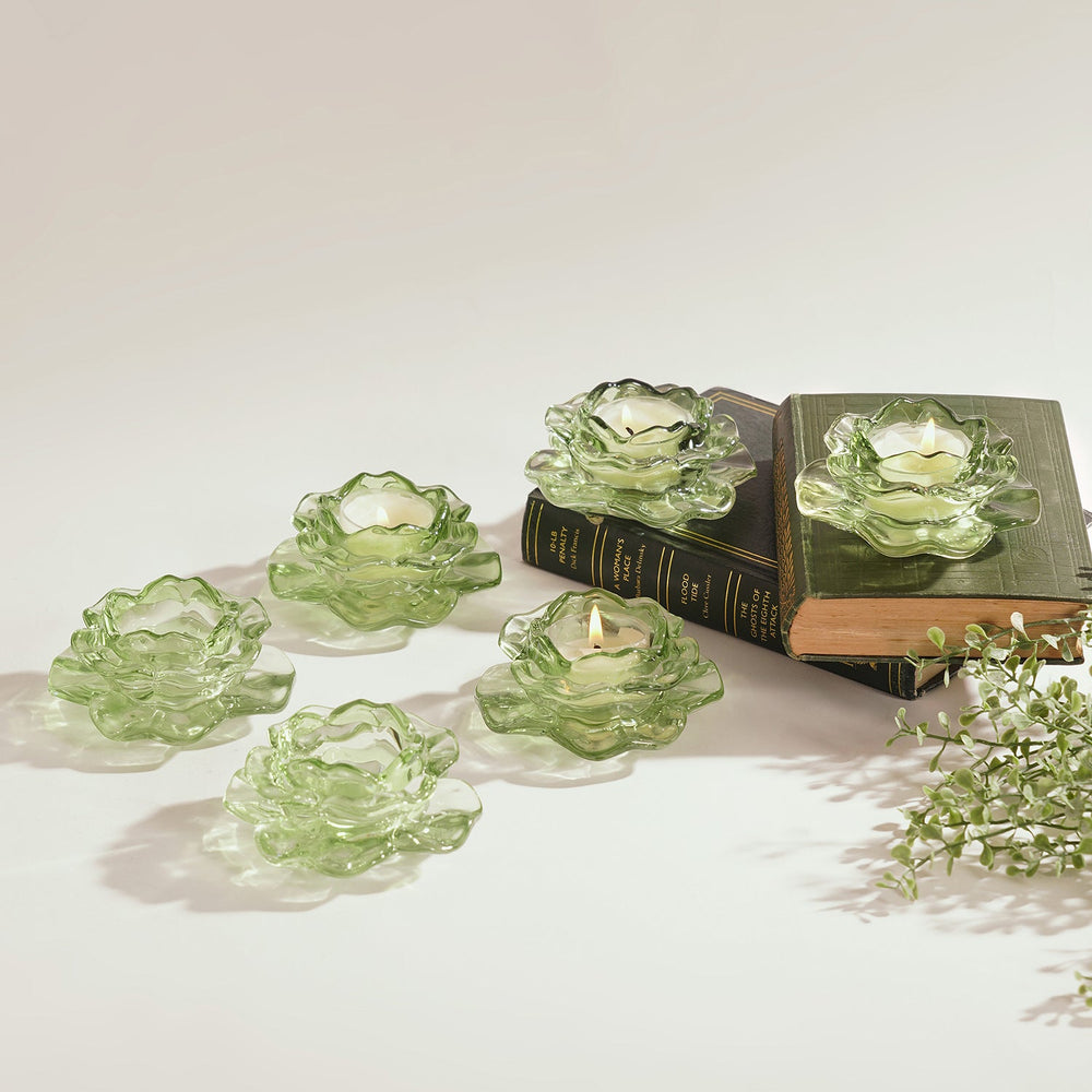 Set Of 6 Green Floral Tealight Holders