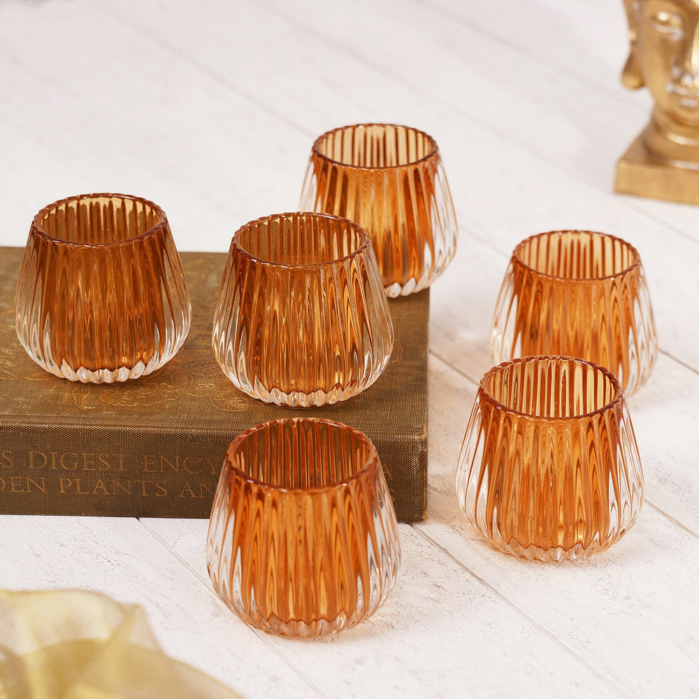 Set Of 6 Dark Brown Ribbed Tealight Holders