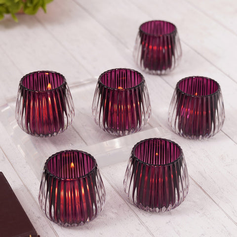 Set Of 6 Dark Purple Ribbed Tealight Holders