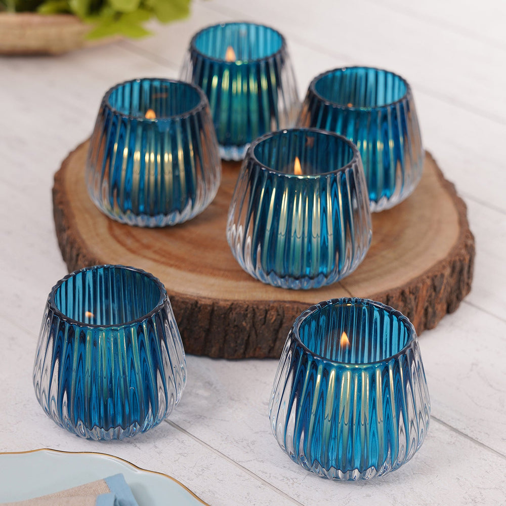 Set Of 6 Dark Blue Ribbed Tealight Holders