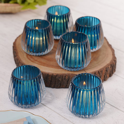 Set Of 6 Dark Blue Ribbed Tealight Holders