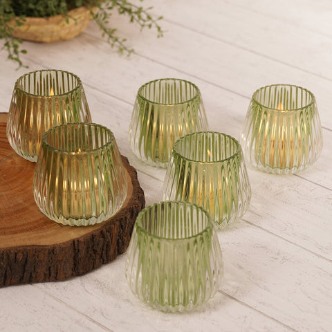 Set Of 6 Green Ribbed Tealight Holders