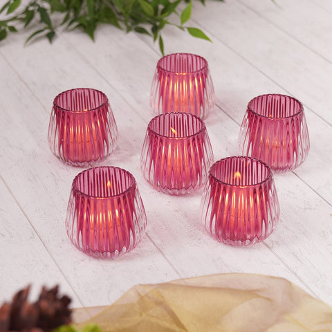 Set Of 6 Dark Pink Ribbed Tealight Holders