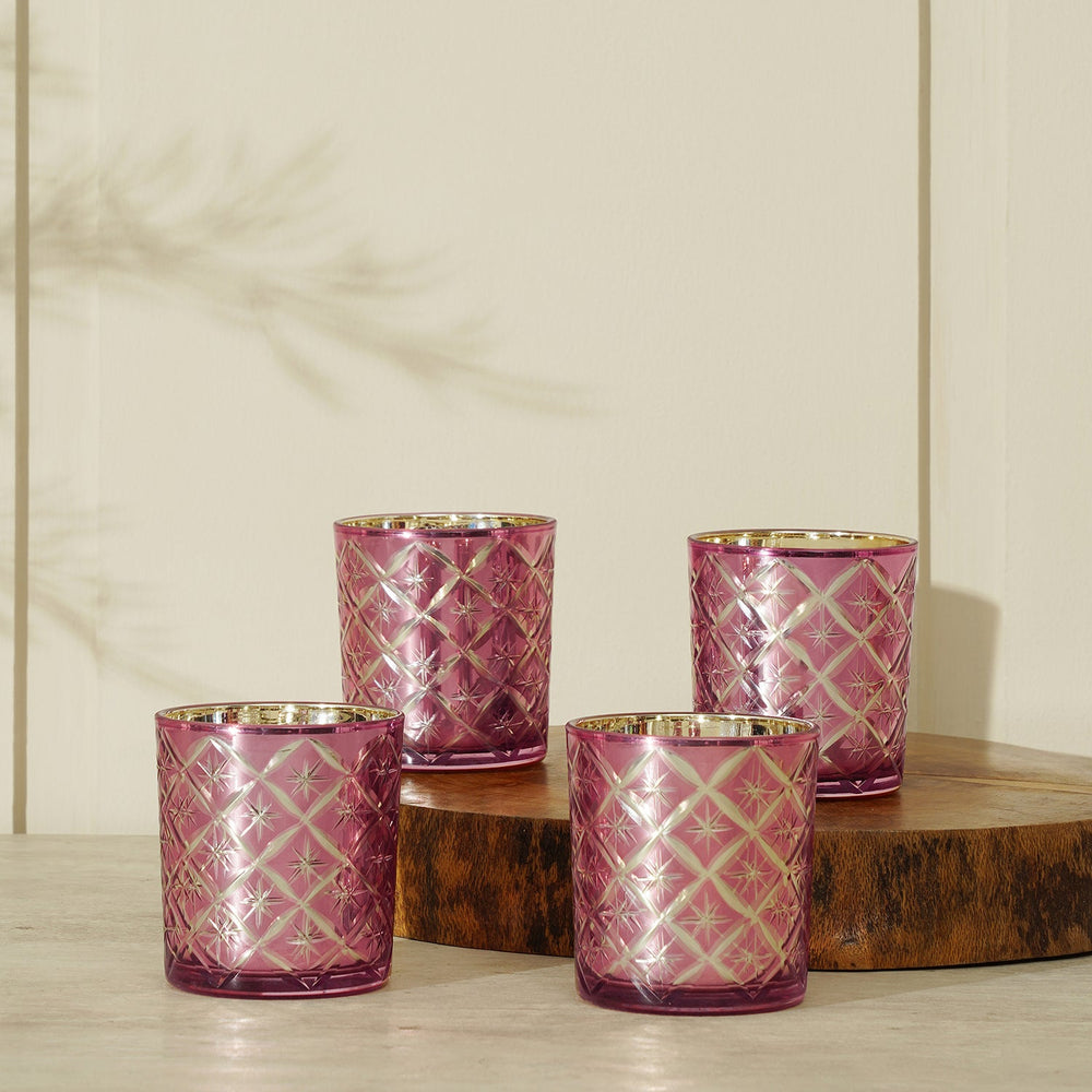 Set Of 4 Pink And Gold Cut Glass Votive Holders