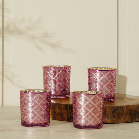 Set Of 4 Pink And Gold Cut Glass Votive Holders