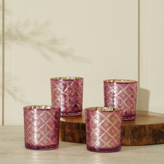 Set Of 4 Pink And Gold Cut Glass Votive Holders