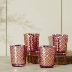 Set Of 4 Pink And Gold Cut Glass Tumblers