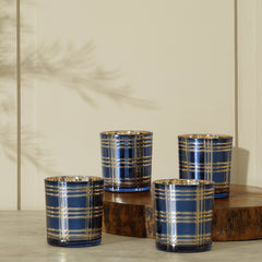 Set Of 4 Blue And Gold Cut Glass Votive Holders